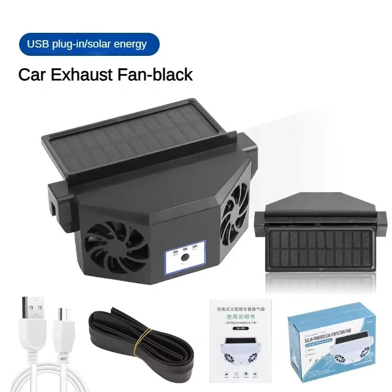 Solar Car Fan USB Rechargeable Exhaust Fan Air Circulation Cooling and Heat Dissipation High Wind Power 2/3 Head Ventilation Fan