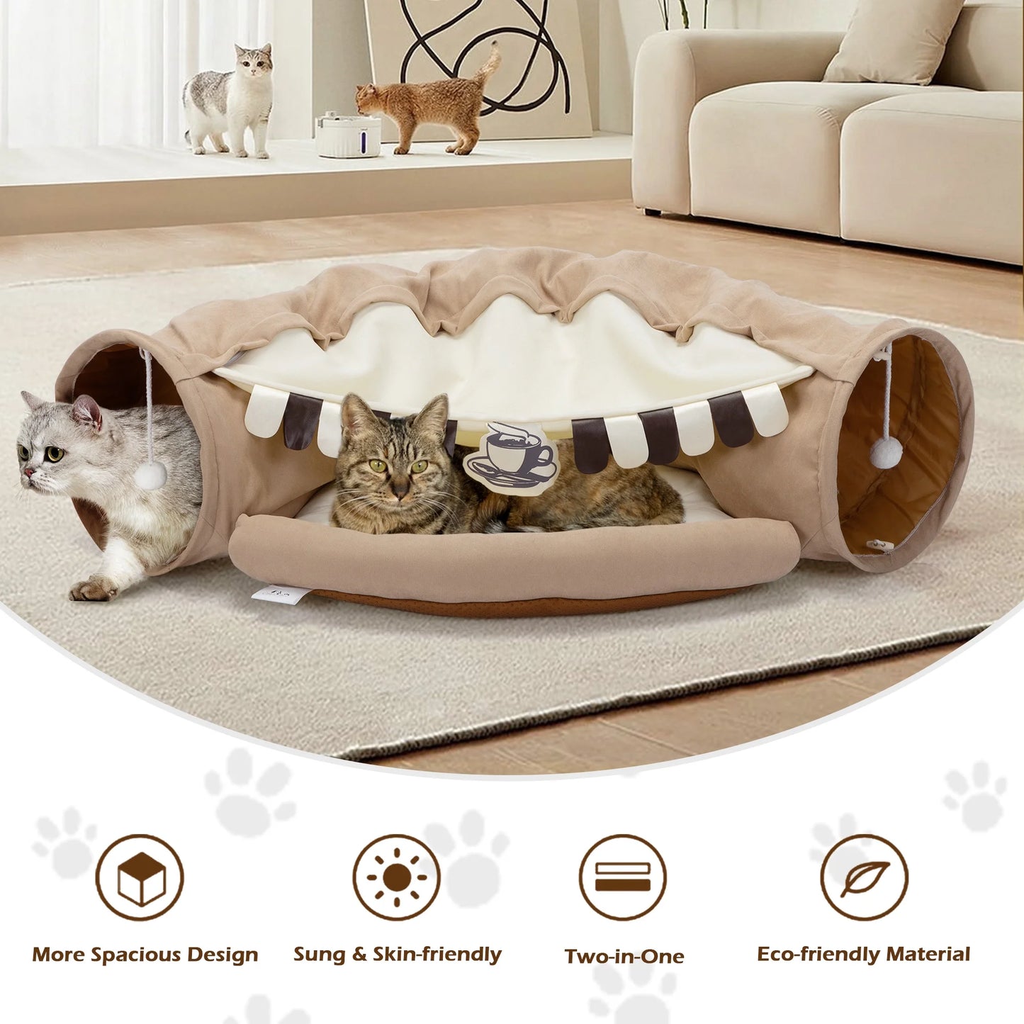 2-In-1 Cat Tunnel Bed, Cat Tube with Collapsible Washable Mat for Indoor Cats, Coffee