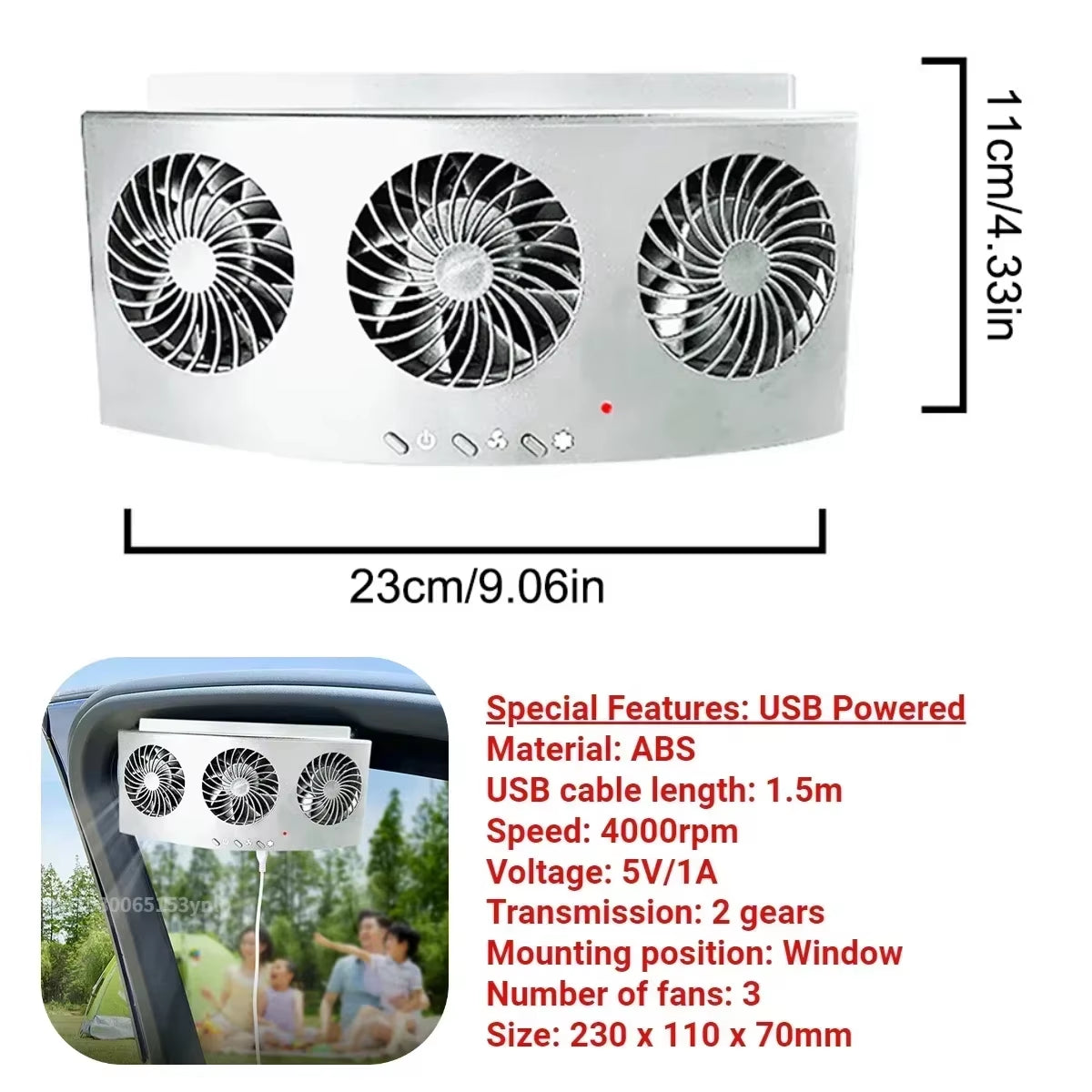 Solar Car Fan USB Rechargeable Exhaust Fan Air Circulation Cooling and Heat Dissipation High Wind Power 2/3 Head Ventilation Fan