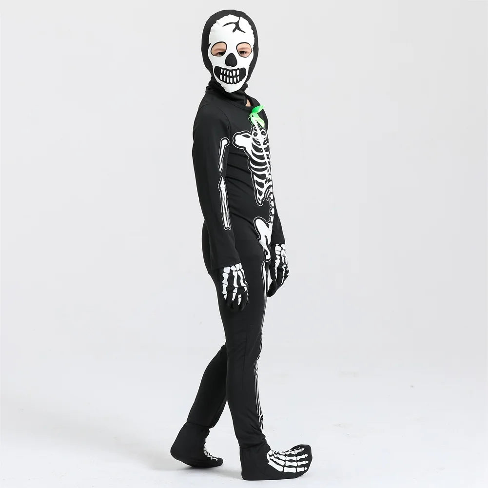 5-15T Glows in the Dark Skeleton Costume, Black Skelebones Jumpsuit, Halloween Costume for Kids Youth Boys Girls