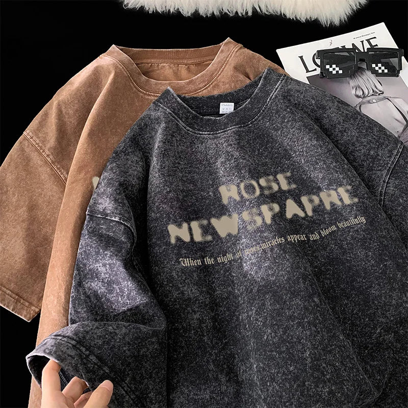 Gothic Washed Tshirts Rose Printed Streetwear Men T-Shirt O-Neck Oversized Korean Short Sleeve Tops Harajuku Casual Male Tee