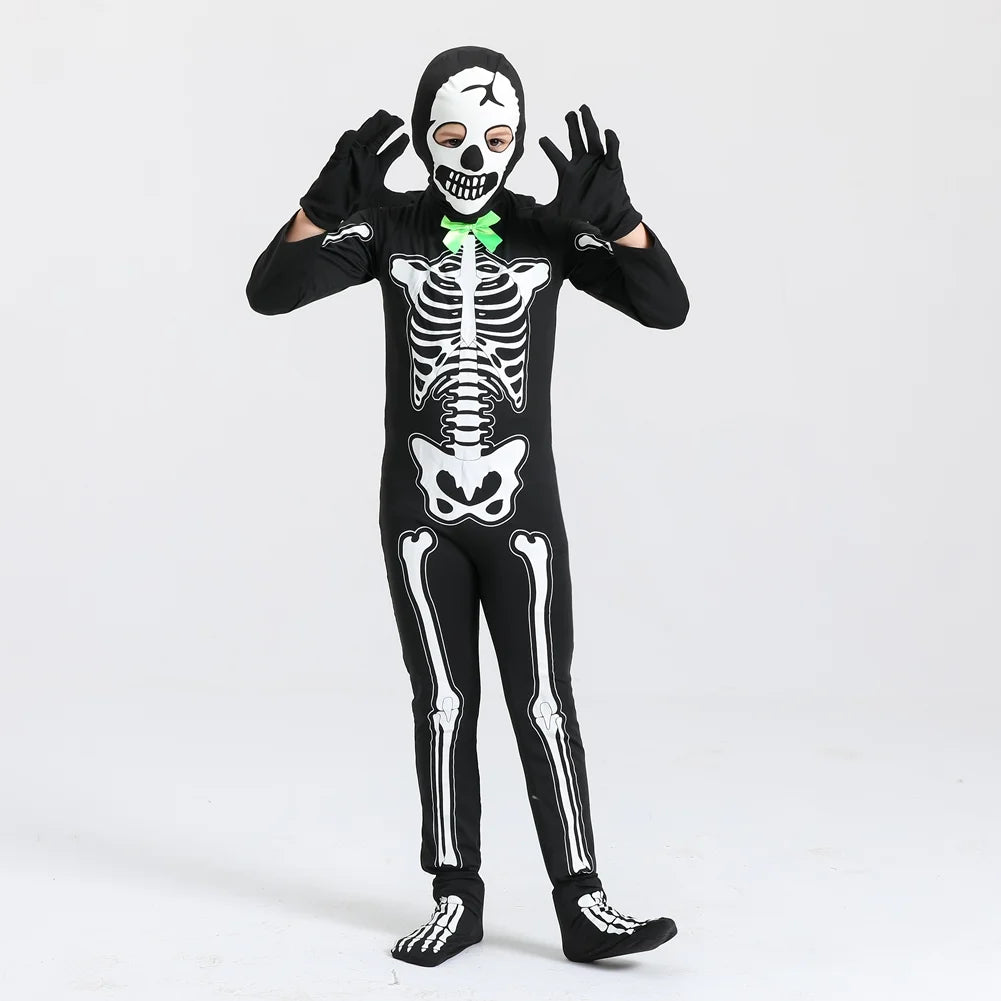 5-15T Glows in the Dark Skeleton Costume, Black Skelebones Jumpsuit, Halloween Costume for Kids Youth Boys Girls