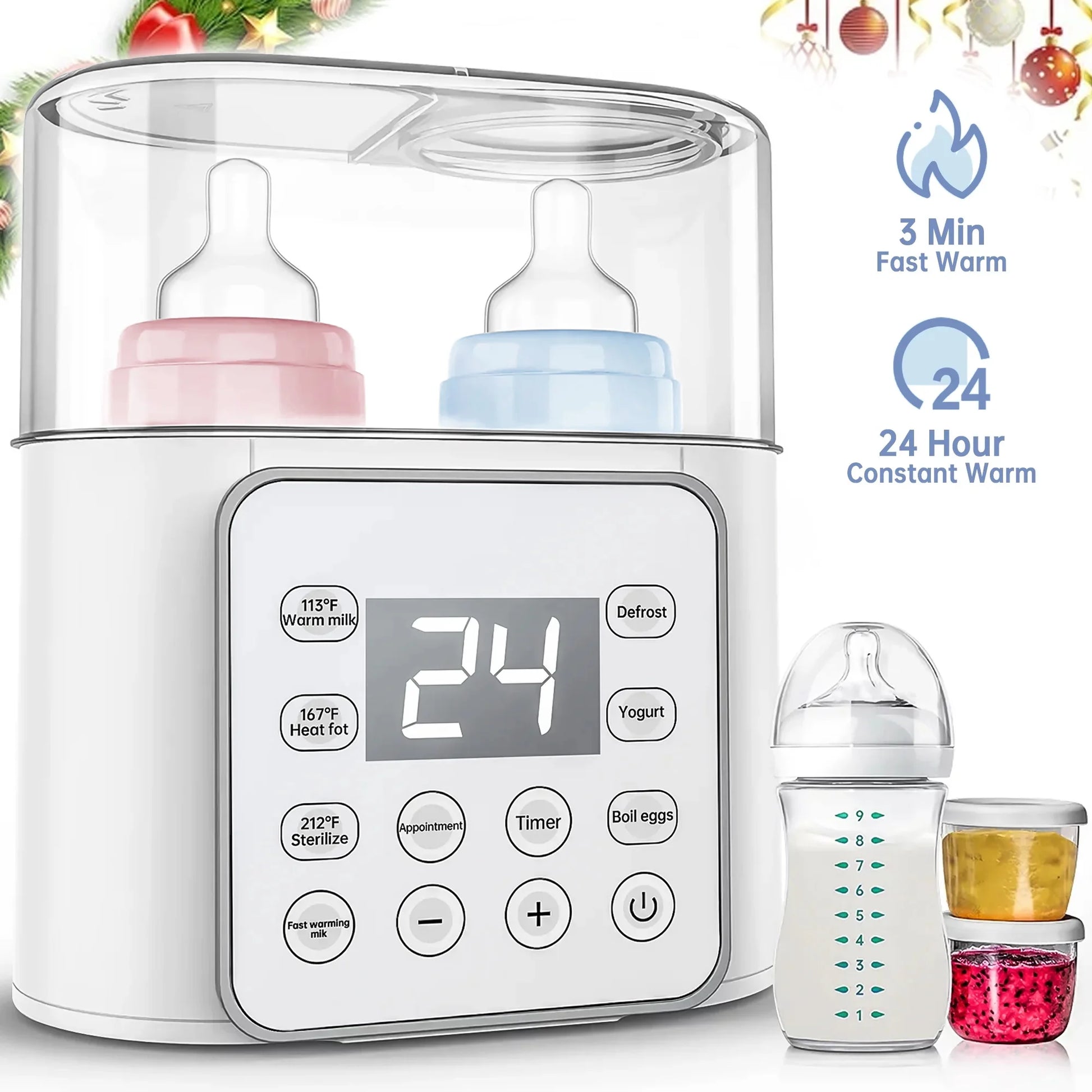 Baby , 9 in 1 Double Bottles Milk Warmer for Baby, Fast Food Heater & Defrost Warmer with Timer, LCD Display, Timer & 24H Temperature Control for Breastmilk & Formula