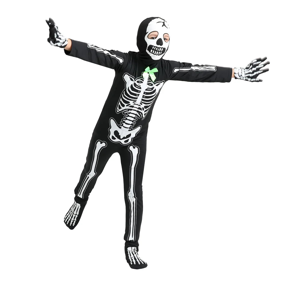 5-15T Glows in the Dark Skeleton Costume, Black Skelebones Jumpsuit, Halloween Costume for Kids Youth Boys Girls