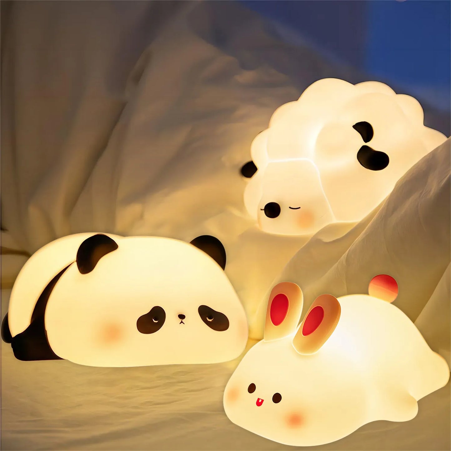 LED Night Lights Cute Sheep Panda Rabbit Silicone Lamp USB Rechargeable Timing Bedside Decor Kids Baby Nightlight Birthday Gift