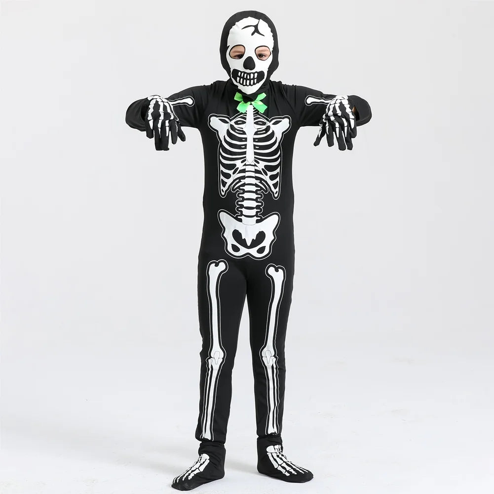 5-15T Glows in the Dark Skeleton Costume, Black Skelebones Jumpsuit, Halloween Costume for Kids Youth Boys Girls