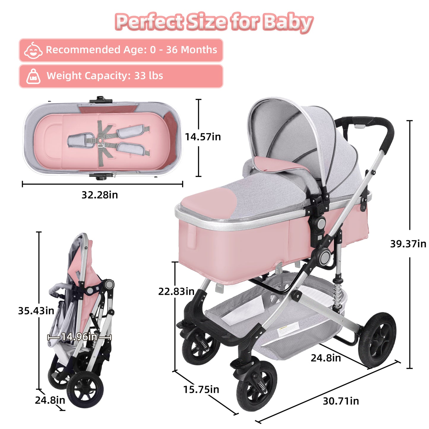 Baby Stroller, Foldable Baby Stroller Reversible Bassinet, Travel Stroller for Newborn Baby, Khaki