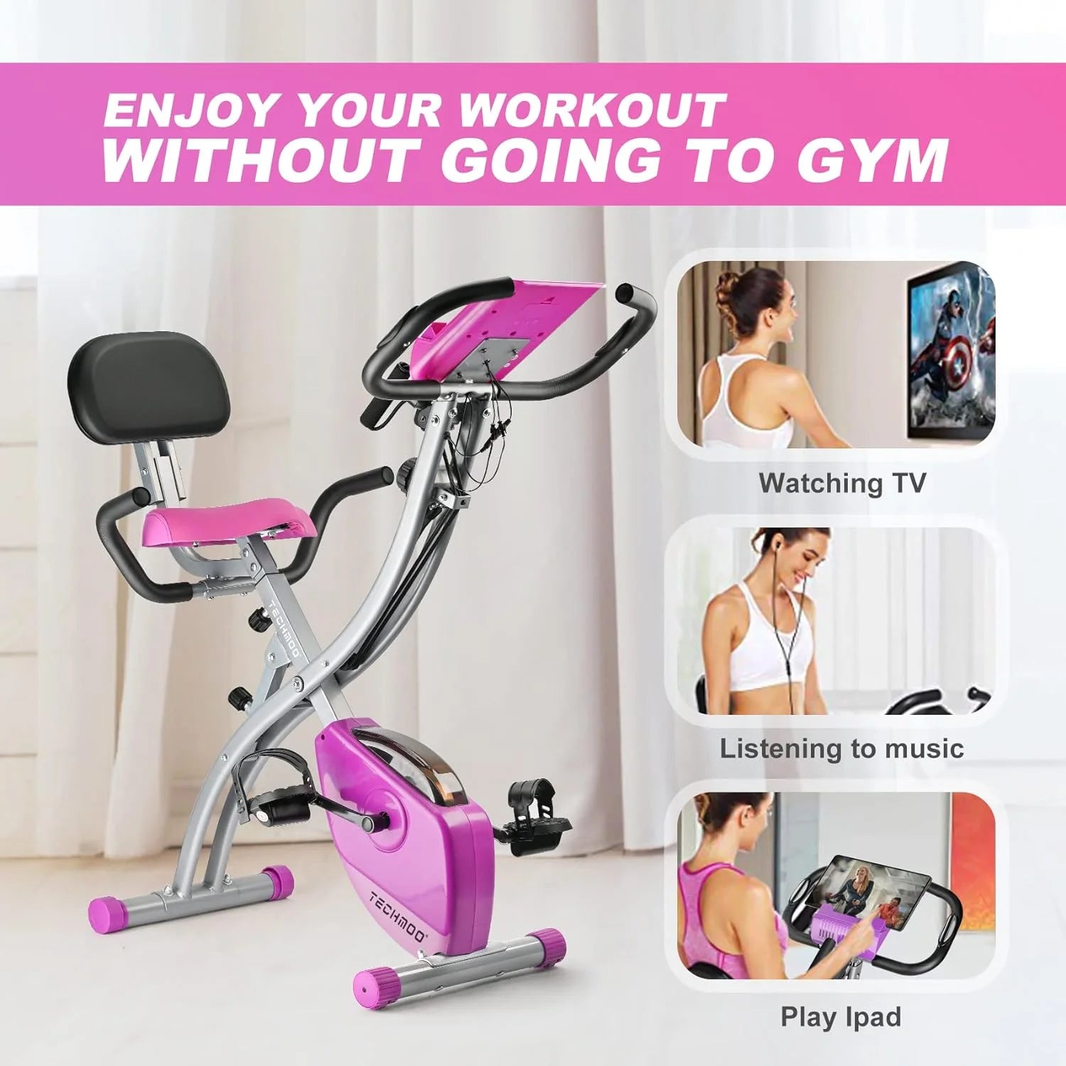 Folding Exercise Bike Portable Upright Adjustable Backrest Cycling Recumbent Stationary Bike Slim Indoor Workout Fitness Cardio Foldable Exercise Bicycle Machine with Pulse Sensor LCD Monitor