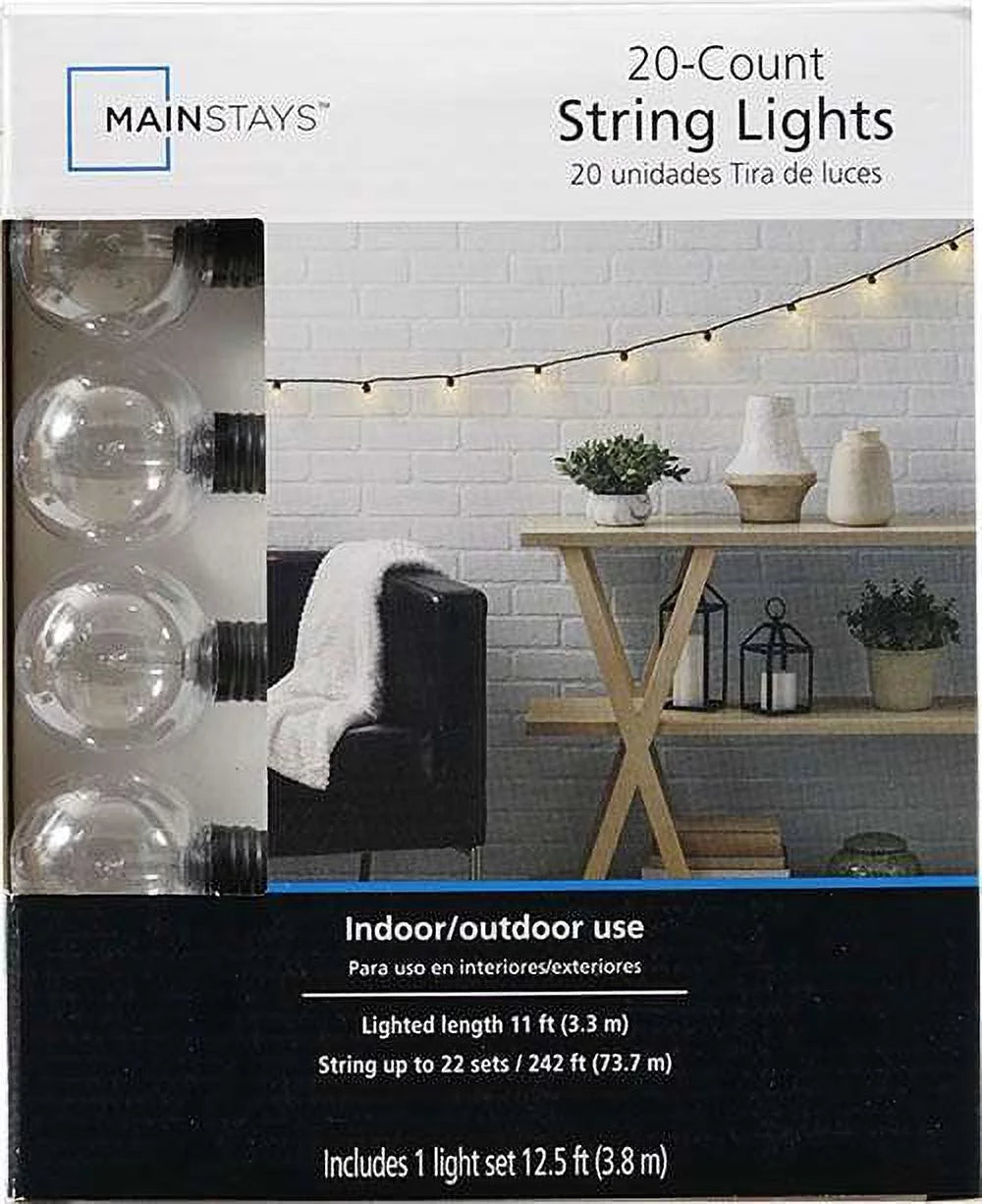 20-Count Indoor Outdoor Incandescent String Lights, with White Cord, Ac-Powered, 6 Volts