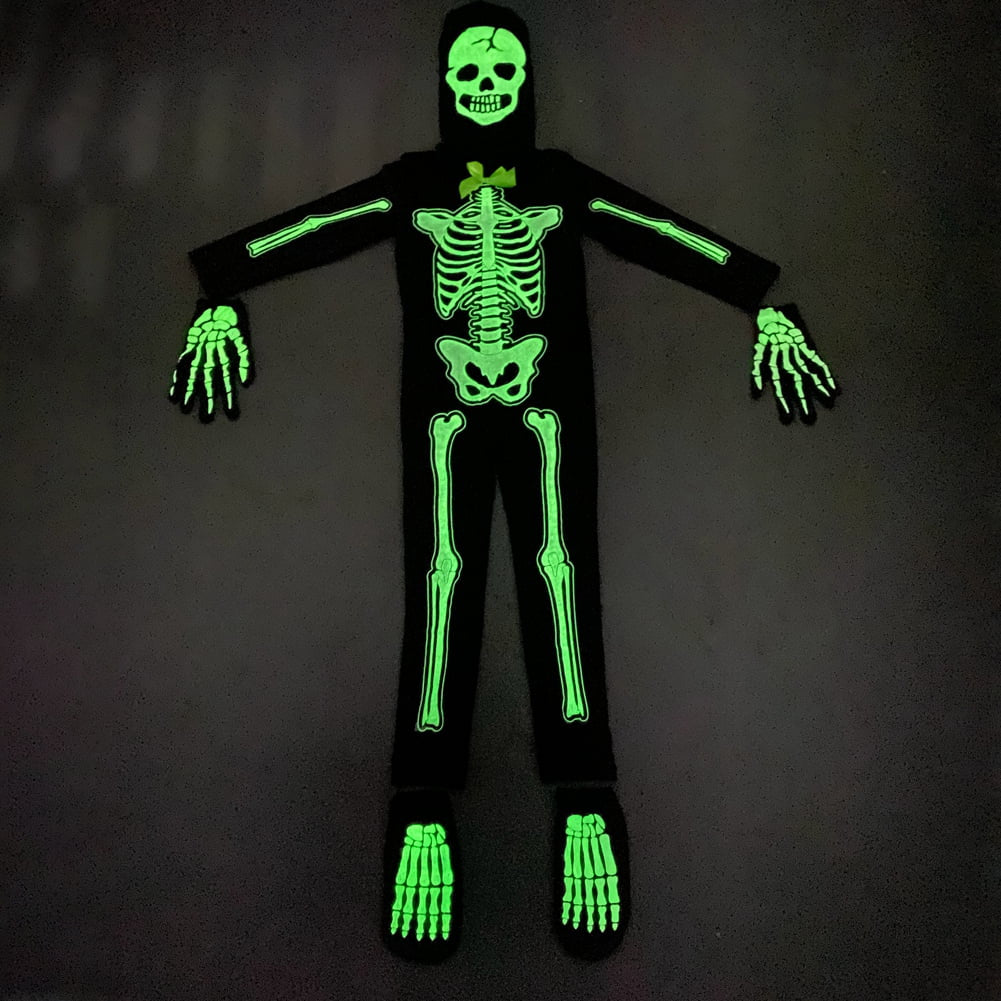 5-15T Glows in the Dark Skeleton Costume, Black Skelebones Jumpsuit, Halloween Costume for Kids Youth Boys Girls