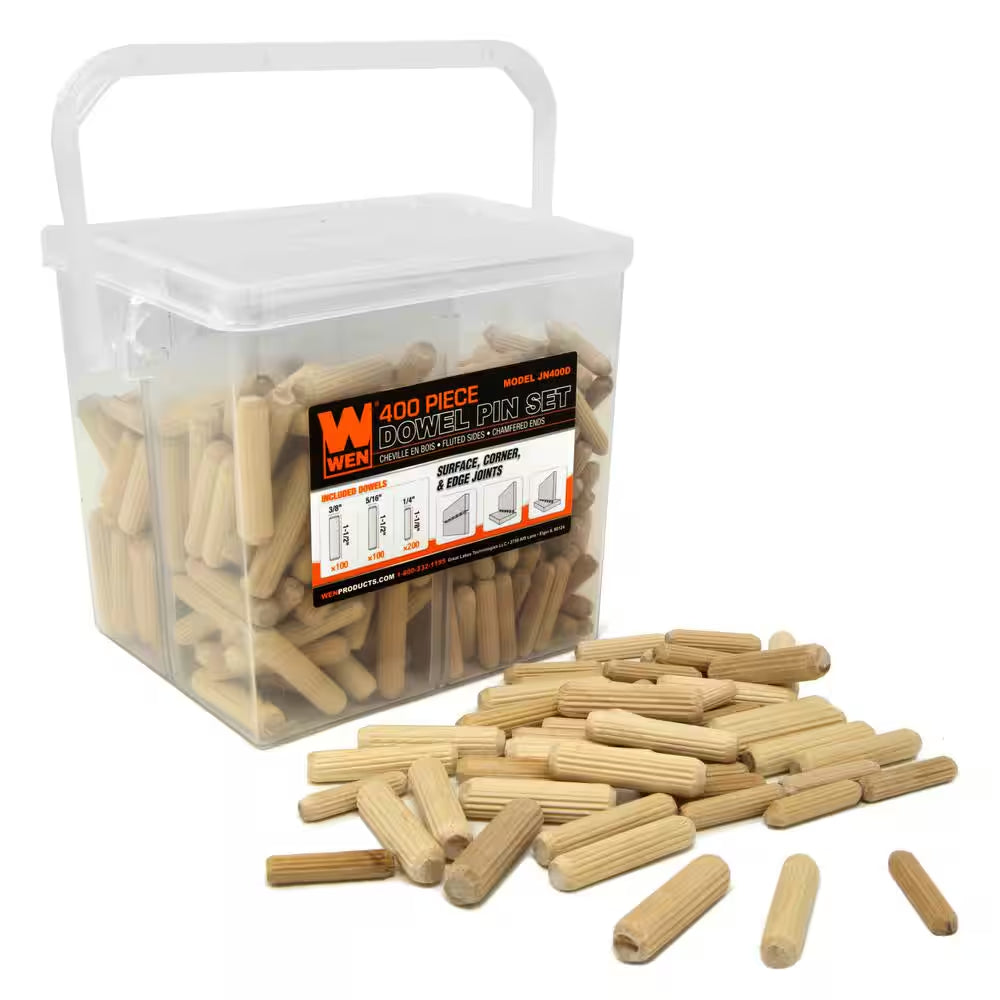 Fluted Dowel Pin Variety Bucket with 1/4 In., 5/16 In., and 3/8 In. Woodworking Dowels (400-Piece)