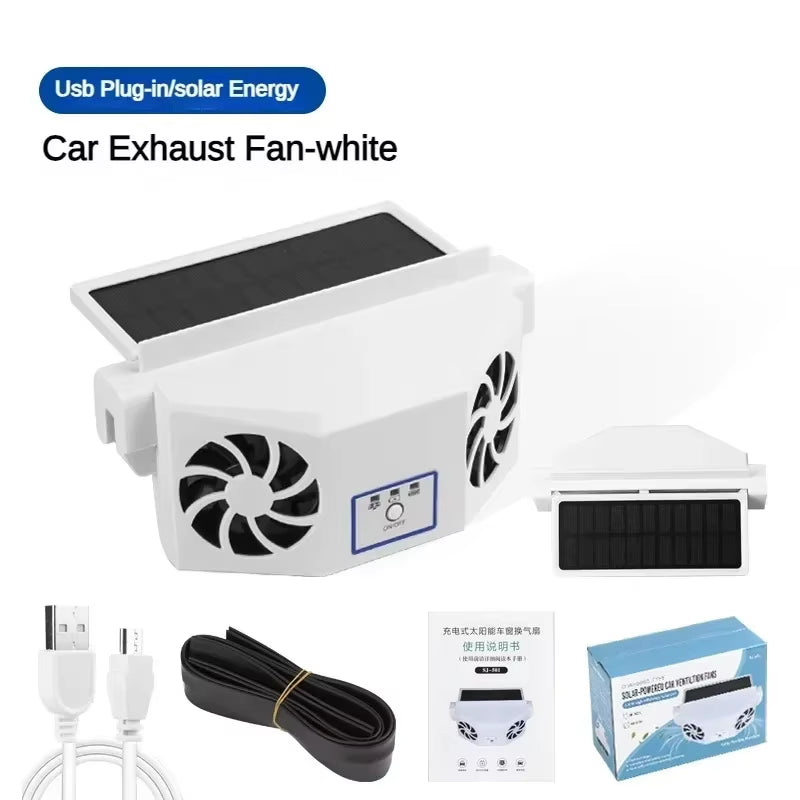 Solar Car Fan USB Rechargeable Exhaust Fan Air Circulation Cooling and Heat Dissipation High Wind Power 2/3 Head Ventilation Fan